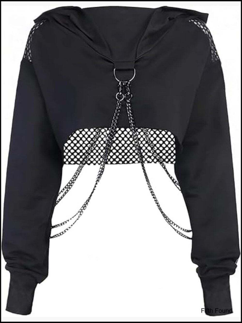 Fishnet Cropped Hoodie with Chain Long Sleeve Mesh Top Festival Rave Outfits - Picture 1 of 7